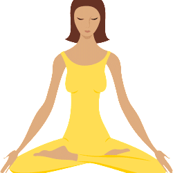 A woman in a yellow dress meditating in a lotus position.